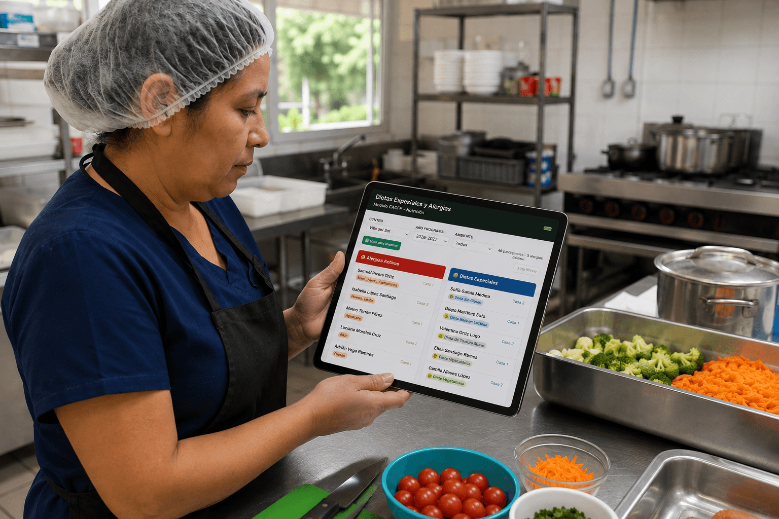 Cocinera revisando dietas especiales en tablet antes de preparar los alimentos