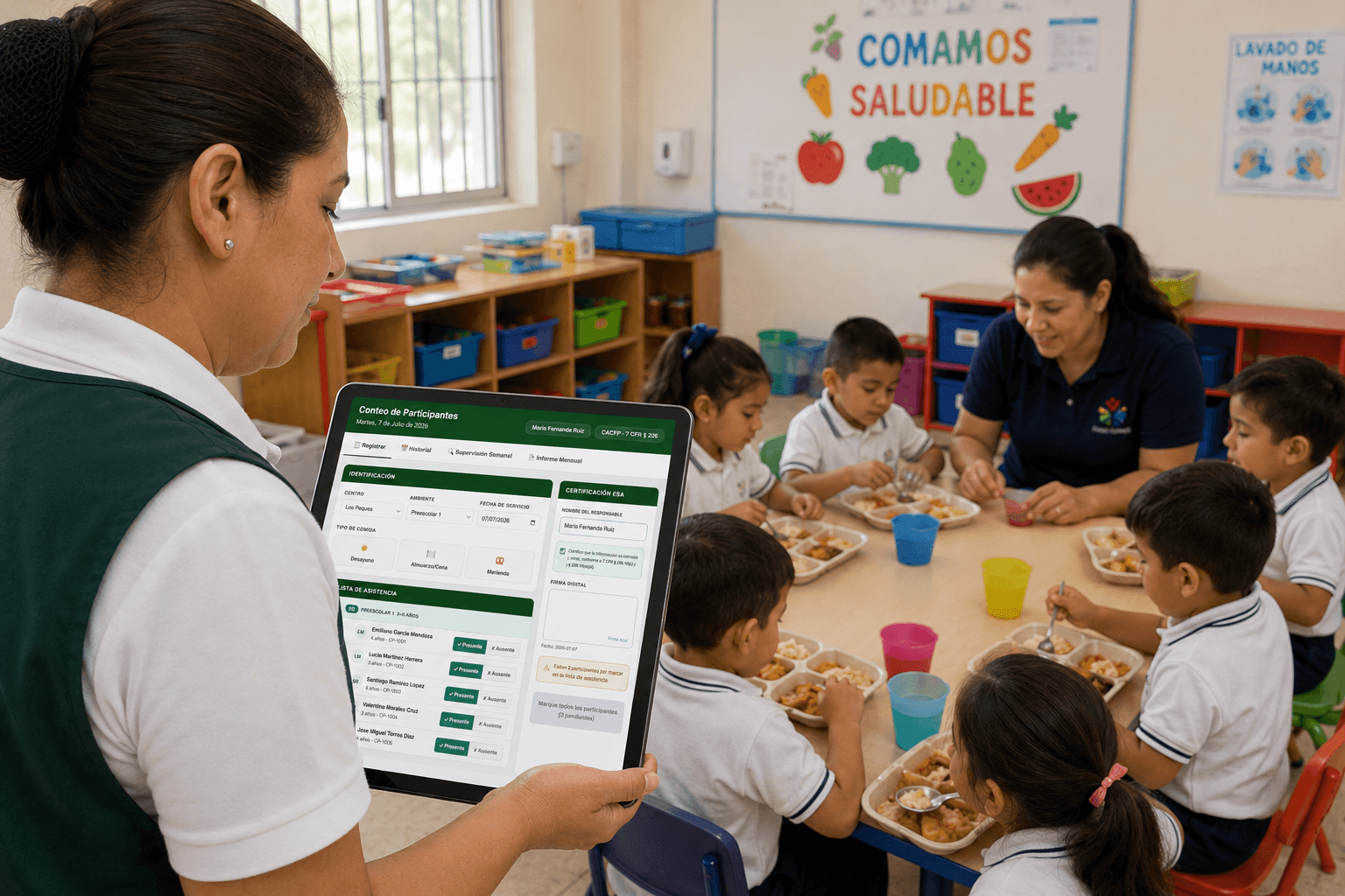 Encargada de alimentos completando el conteo de participantes en el salón de clases