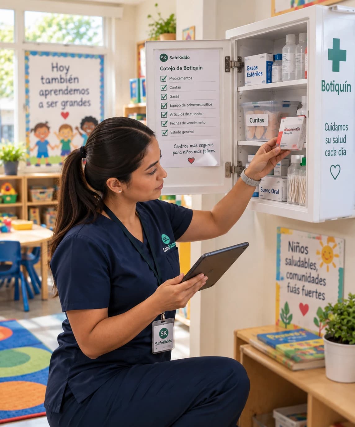 Personal de SafeKiddo cotejando el botiquín de un centro infantil con tablet mientras revisa artículos