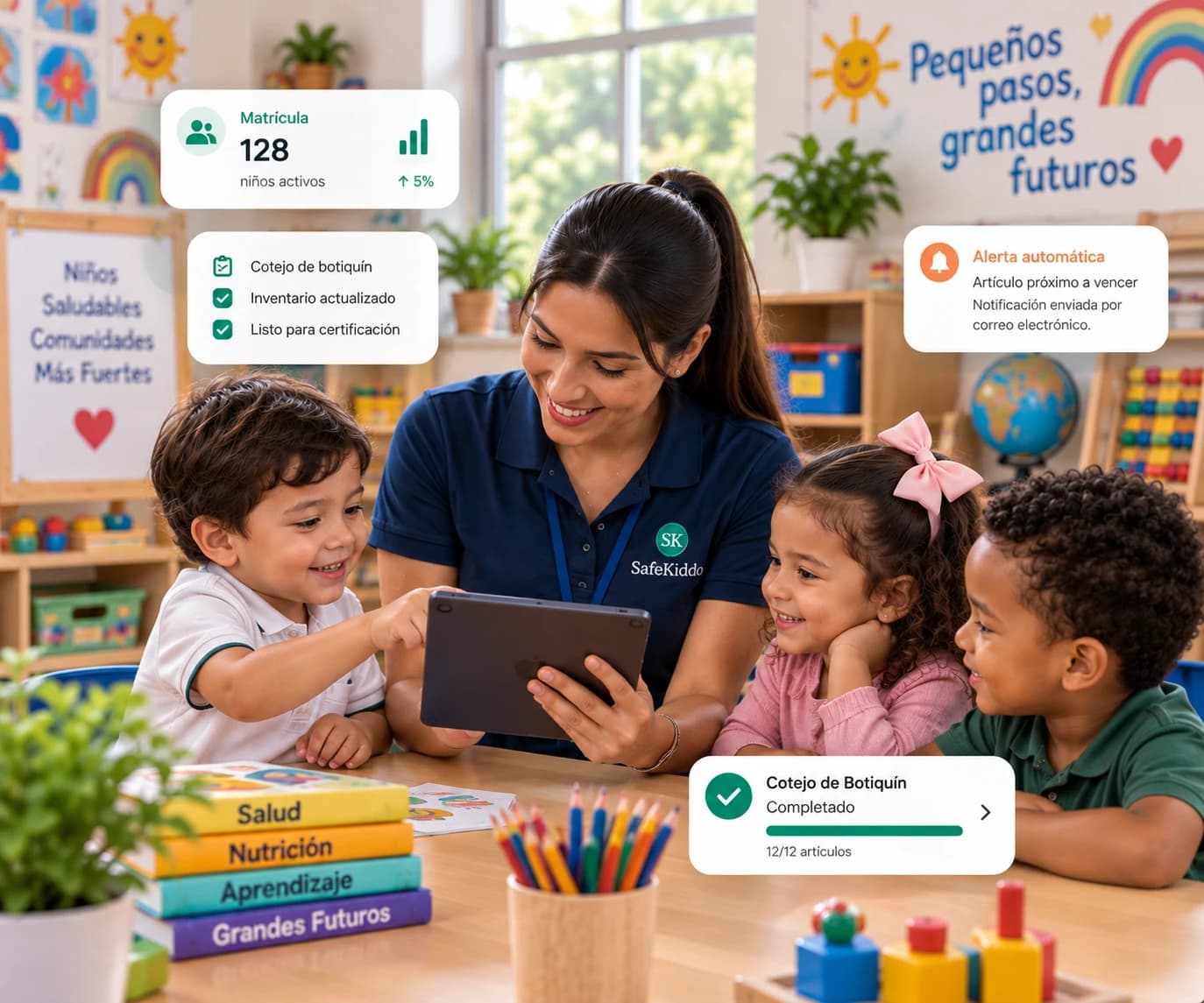 Maestra usando una tablet con niños en un centro infantil