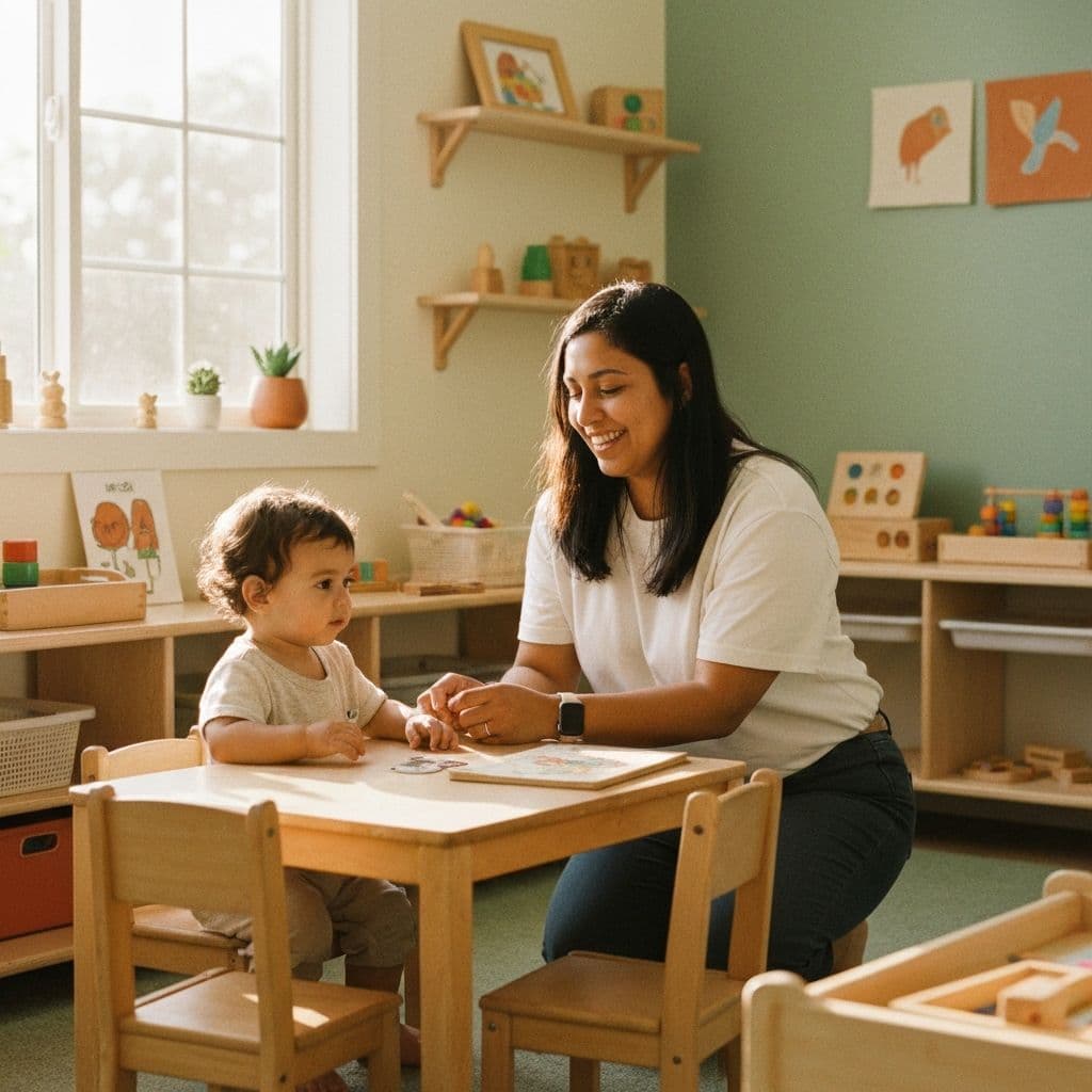 Maestra atendiendo a un niño pequeño en un centro Head Start